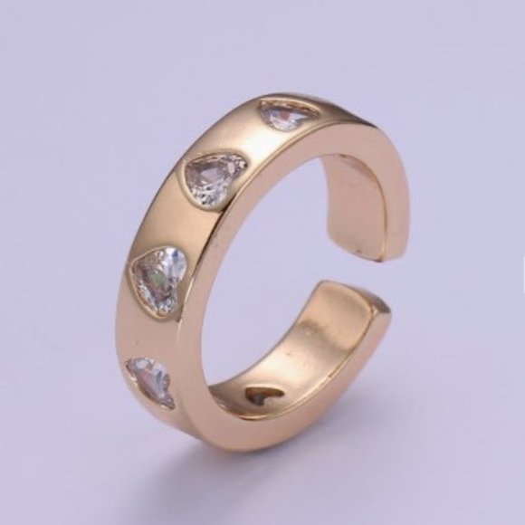 Gold Plated Chunky Cuff Ring with Clear Cubic Zirconia Heart Shaped Stones - Picture 3 of 5